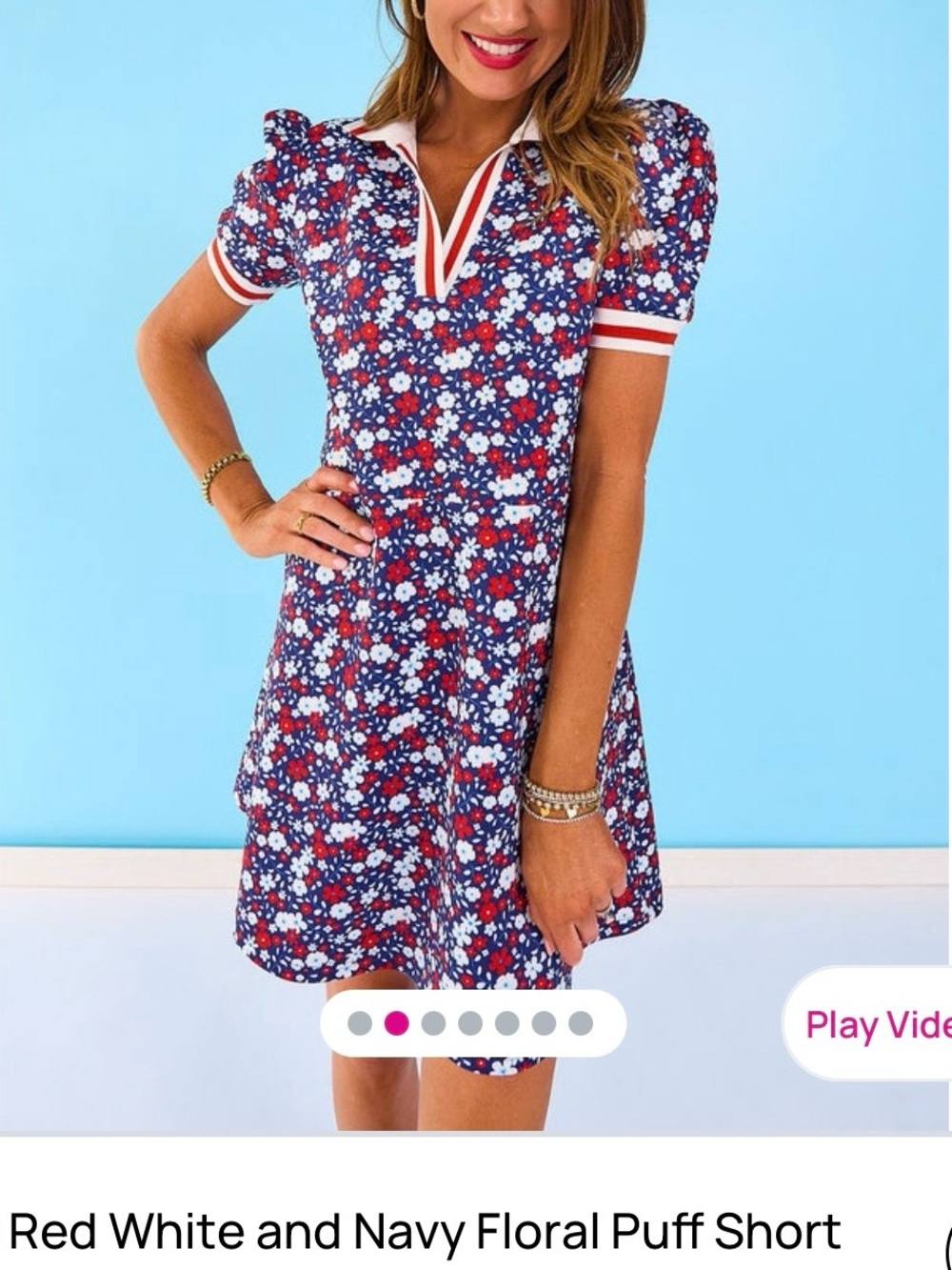 Scuba fabric Navy, Red & White Floral Puff Sleeve Casual Dress